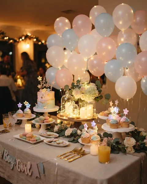 A pastel baby shower table styled with glowing light-up balloons and a soft glowing centerpiece
