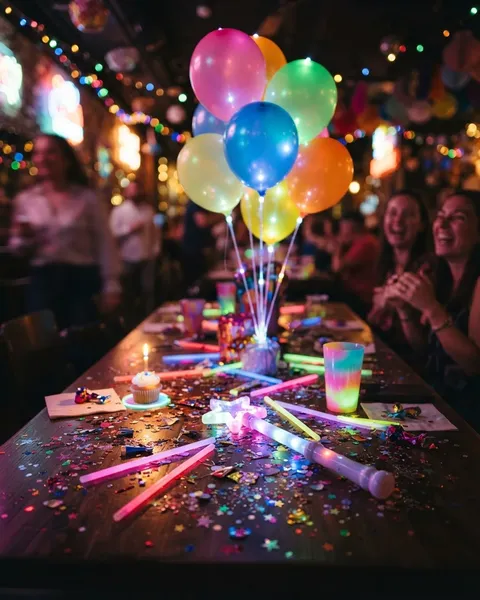 Colorful glow sticks, a light-up magic wand, and glowing balloons on a birthday party table
