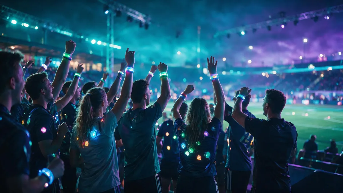 A group of sports team members and event staff wearing glowing custom LED wristbands and light-up pins at a nighttime event