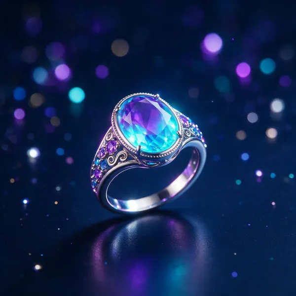 A color-changing mood ring shifting from violet to cyan on a dark backdrop