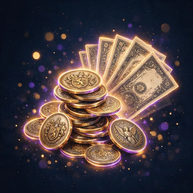 Illustrated glowing stack of vintage-style challenge coins and a replica bill fanned out