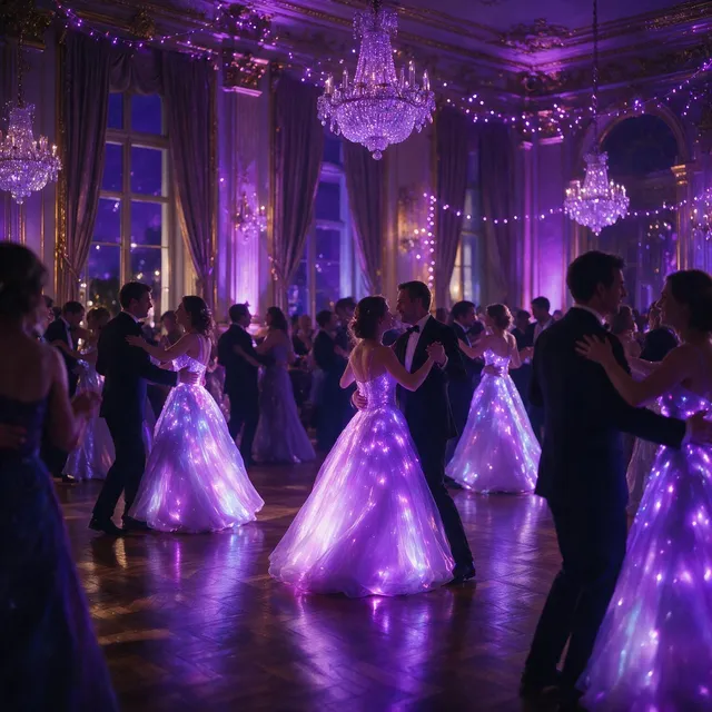 Couples dancing in an elegant chandelier-lit ballroom bathed in purple ambiance, women wearing glowing LED ballgowns lit up in violet