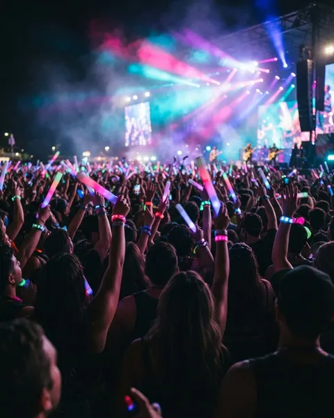 A concert festival crowd at night holding glowing LED wands and bracelets in the air