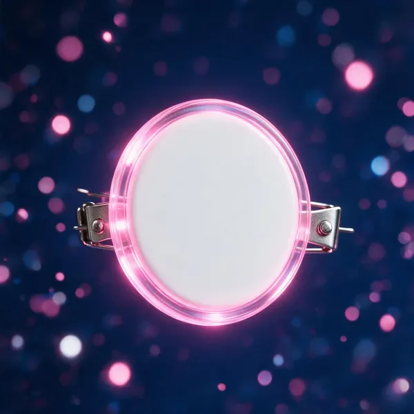 A round light-up pin blank glowing pink, ready for custom logo imprint