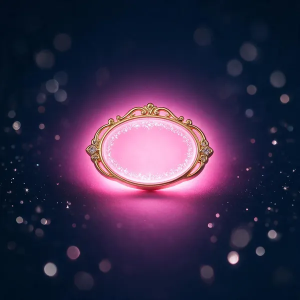 A custom light-up pin imprinted with a wedding date, glowing pink