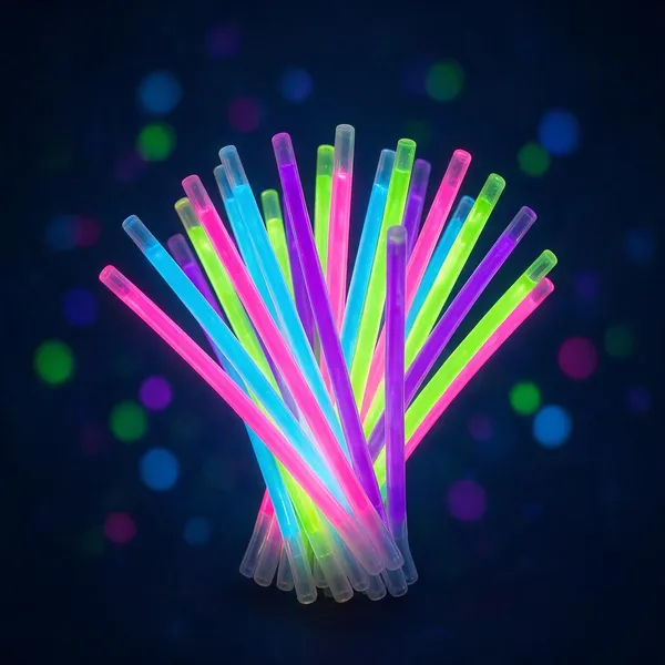 A bundle of colorful glow sticks in pink, cyan, and lime fanned out