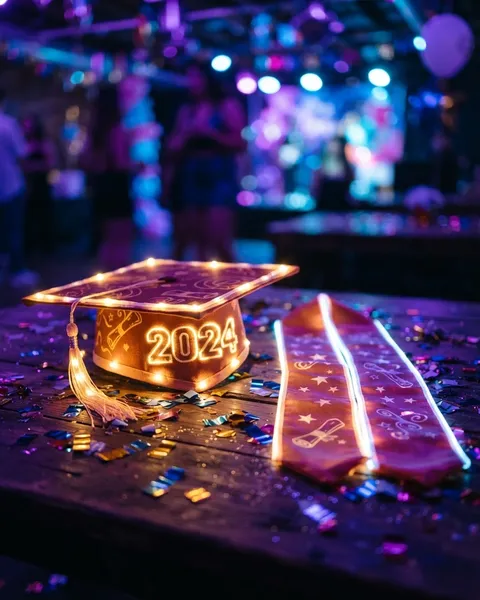 A glowing LED graduation cap and light-up sash laid out with confetti