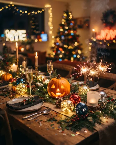A festive holiday tablescape with glowing jack-o-lantern lights, ornament lights, and NYE sparklers