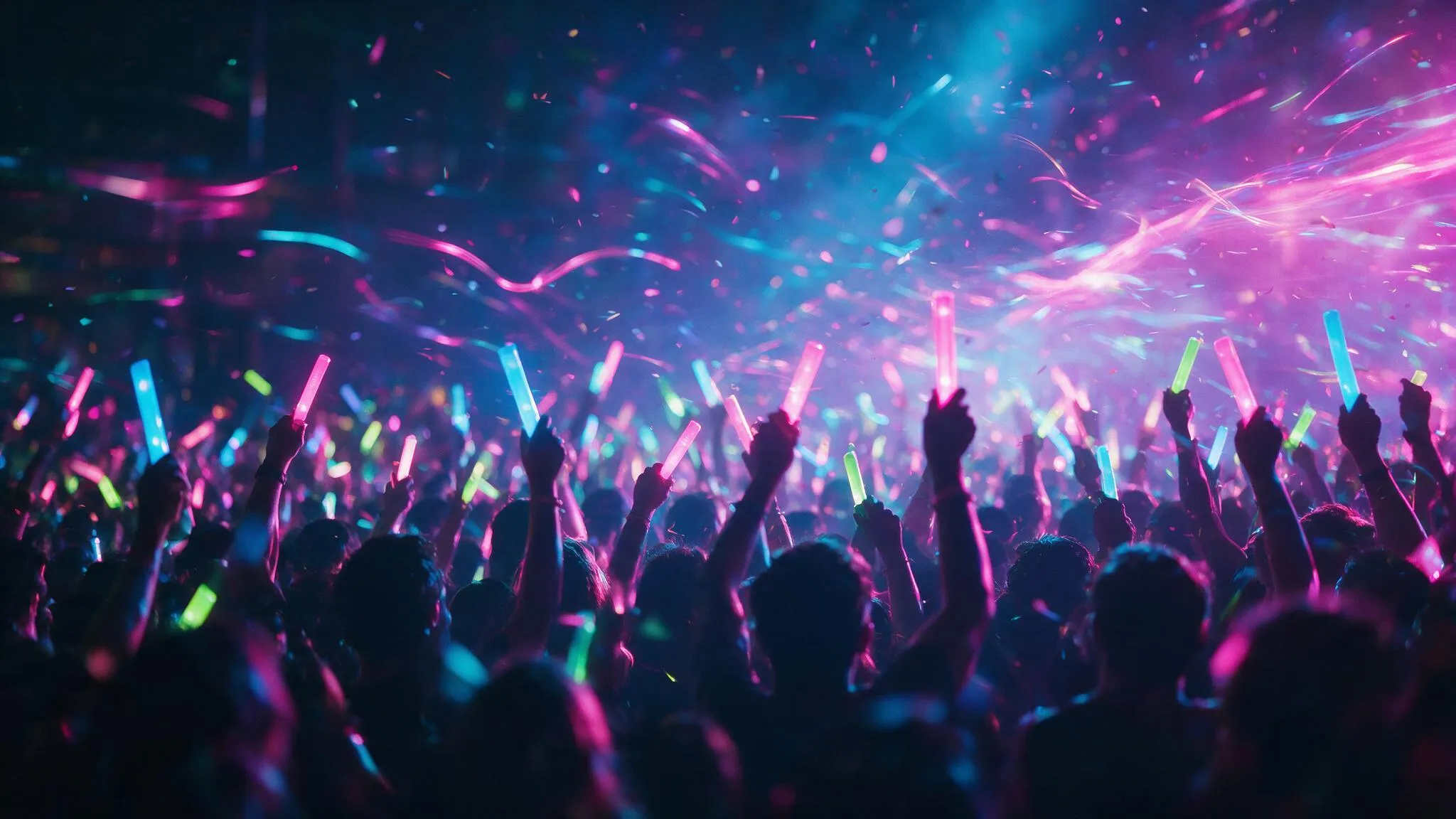 A crowd celebrating at a glowing nighttime party, raising glow sticks and LED wristbands in the air