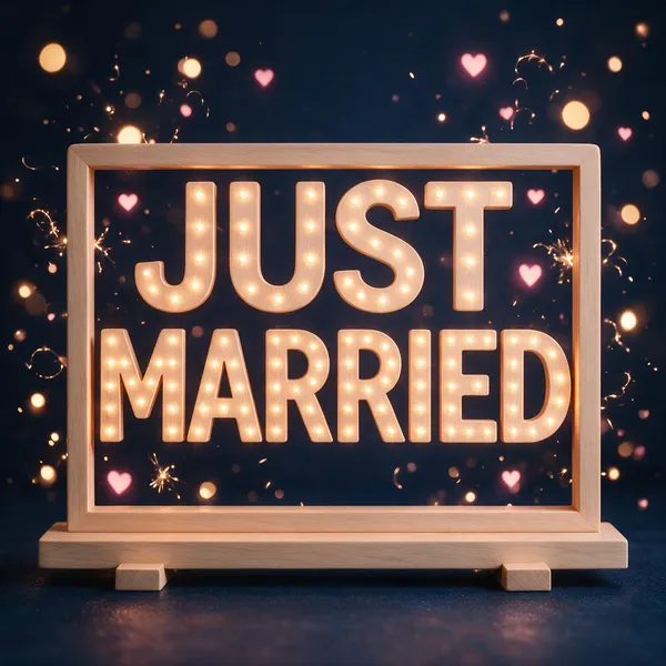 A freestanding "Just Married" sign outlined in warm glowing lights