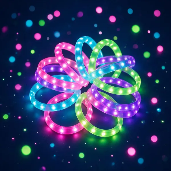 Ten glowing LED bracelets in assorted neon colors stacked together