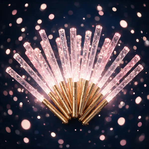 A set of glowing LED send-off wands arranged in a fan shape