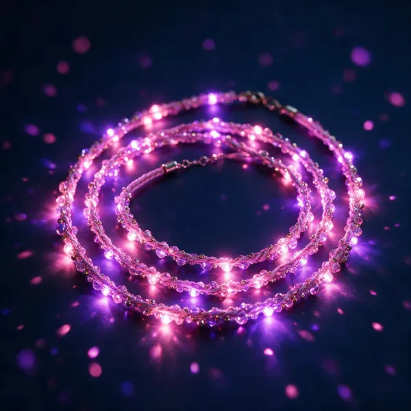 A glowing pink and violet LED statement necklace coiled on a dark background