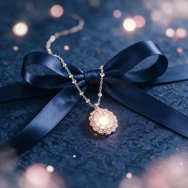 A dainty light-up charm necklace glowing soft white, styled as a wedding favor