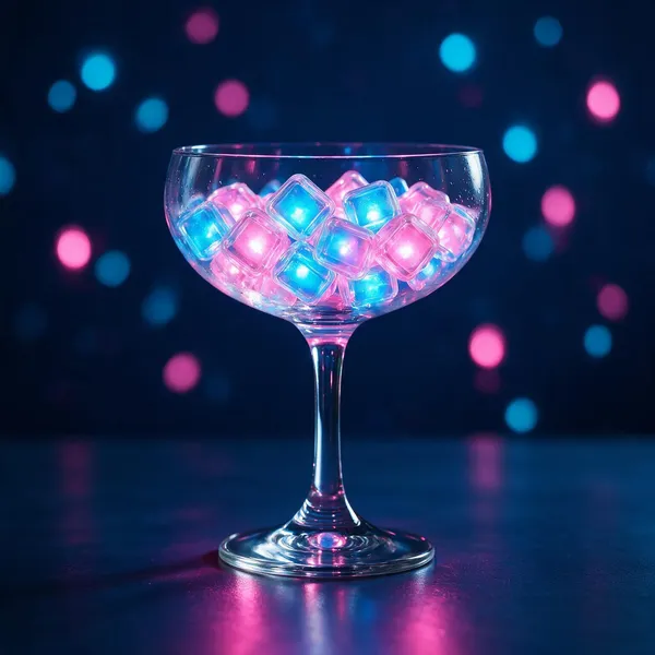Glowing reusable light-up ice cubes in a cocktail glass