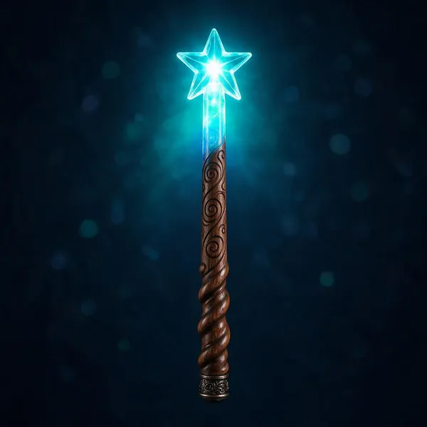 A light-up magic wand with a glowing star tip in cyan light