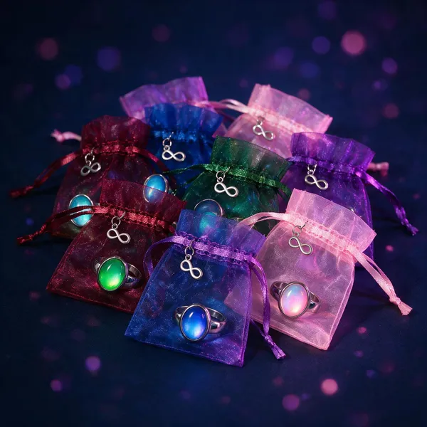A set of twelve mood rings in individual gift pouches for wedding favors