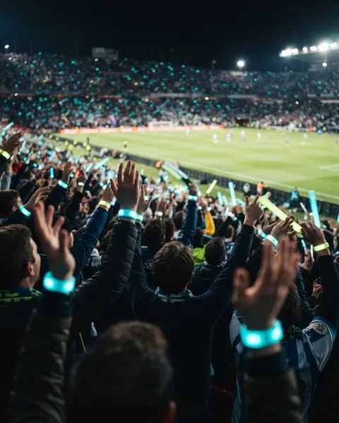 A crowd at a nighttime stadium event holding glowing LED wristbands and glow sticks
