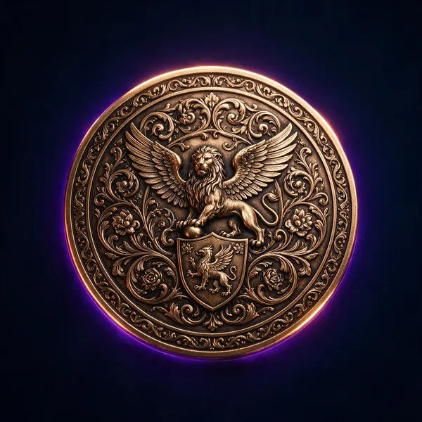 A bronze-toned vintage-style challenge coin with ornate detailing