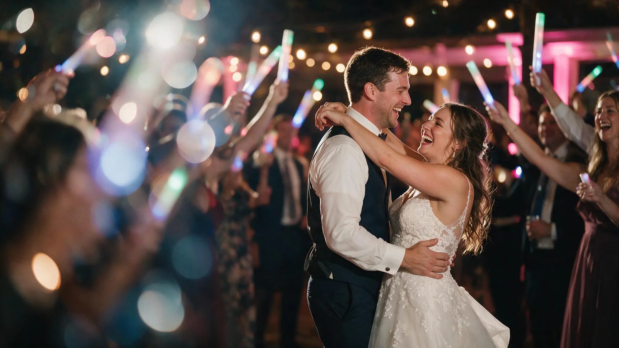 A couple dancing at their nighttime wedding reception as guests wave glowing LED send-off wands
