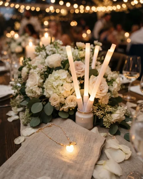 Glowing LED send-off wands and a soft-glowing charm necklace styled among florals for a wedding reception